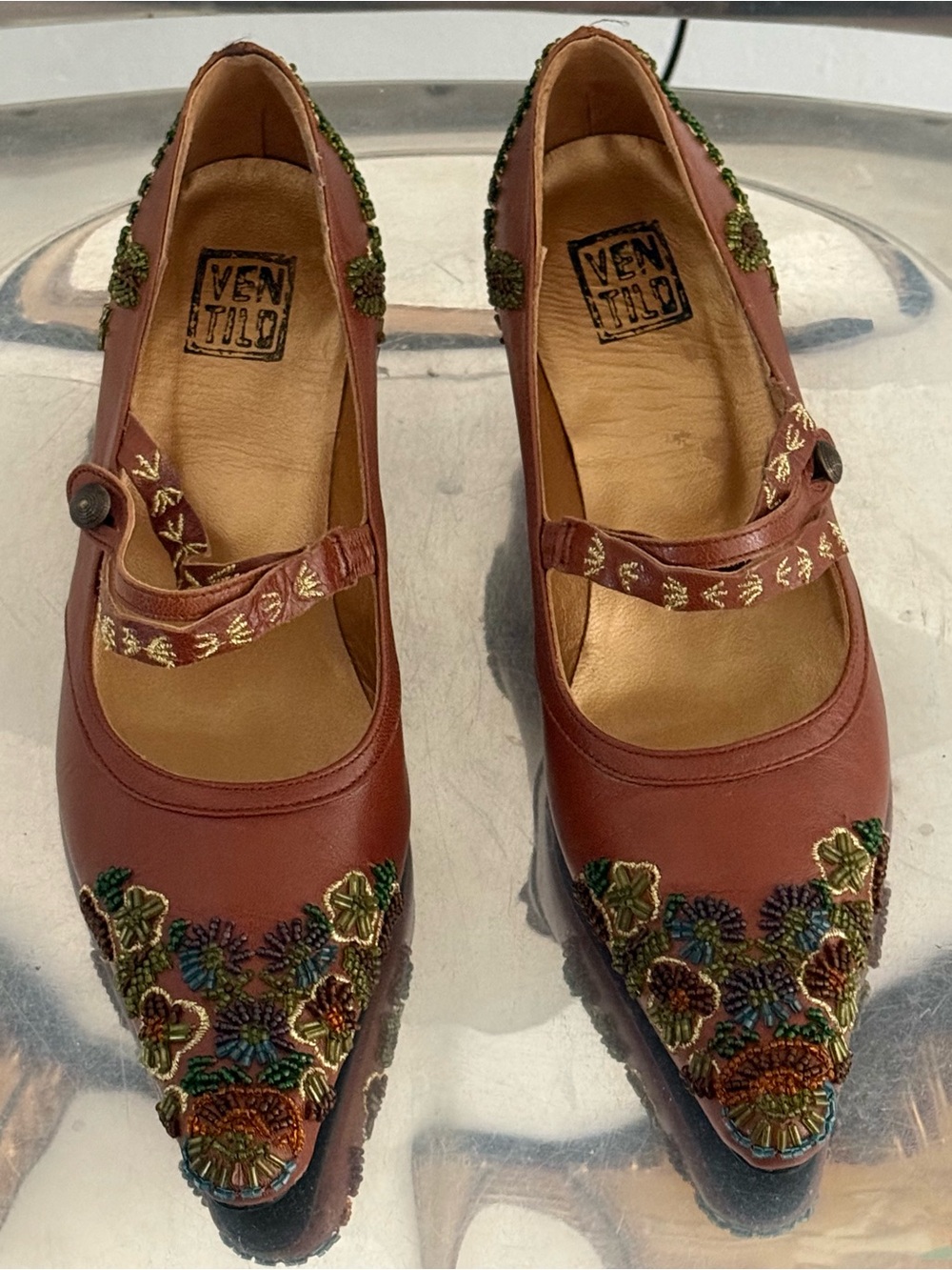 Ventilo Brown Leather Embroidered Mary Jane shoes